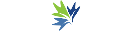 A blue and green logo with a leaf in the middle.