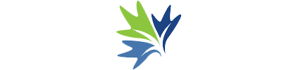 A blue and green logo with a leaf in the middle.