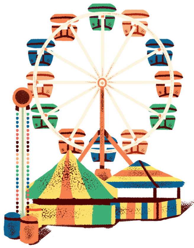 An illustration of an amusement park with a ferris wheel.