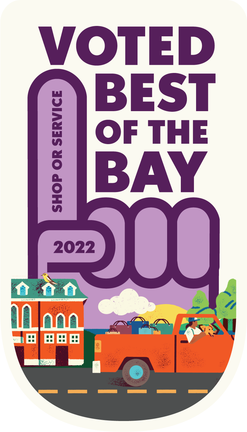 a purple and white sticker with the words vote best of the bay on it.