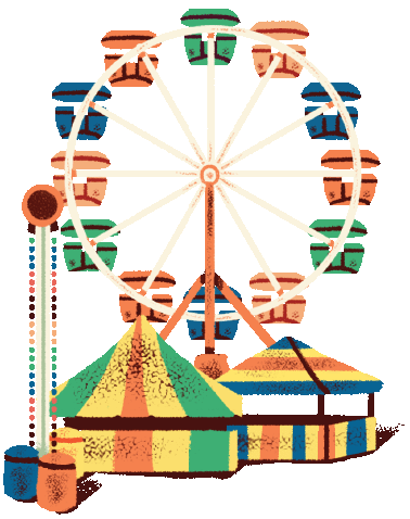 a carnival ride with a ferris wheel in the background.