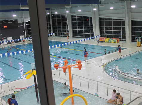 a large swimming pool with people in it.