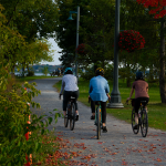 a group of people riding bikes down a sidewalk.