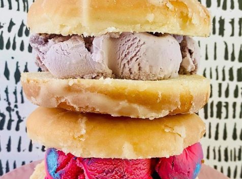 a stack of three ice cream sandwiches on top of each other.
