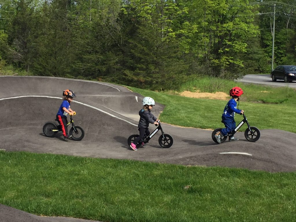 a group of young children riding bikes on a road.