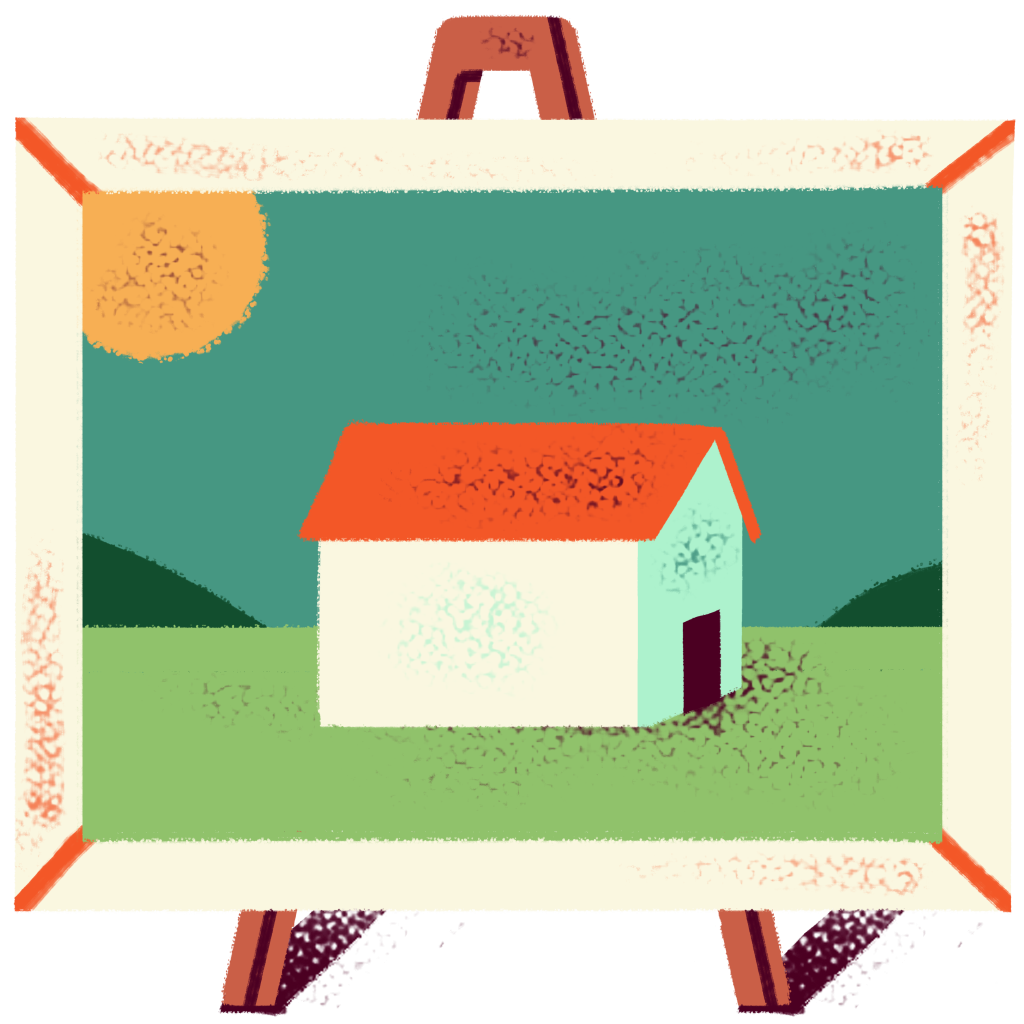 illustration of a painting of a house on an easel