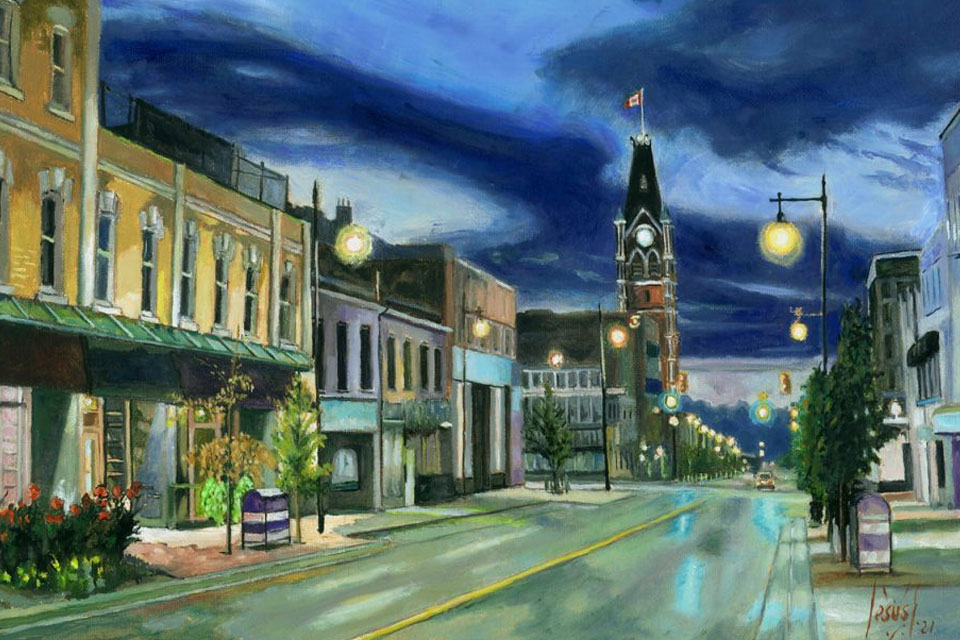 a painting of a city street at night.