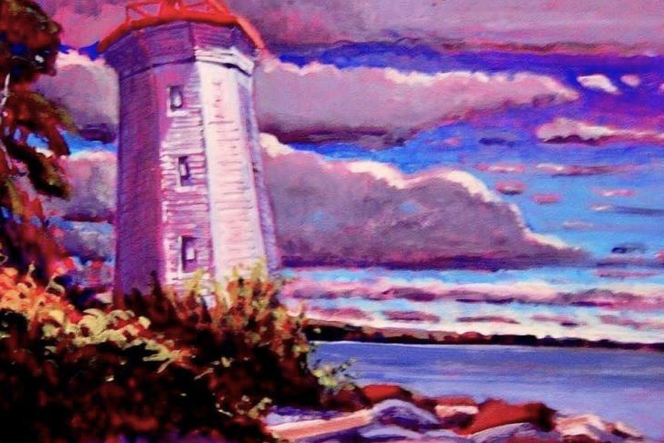 a painting of a lighthouse on a cloudy day.