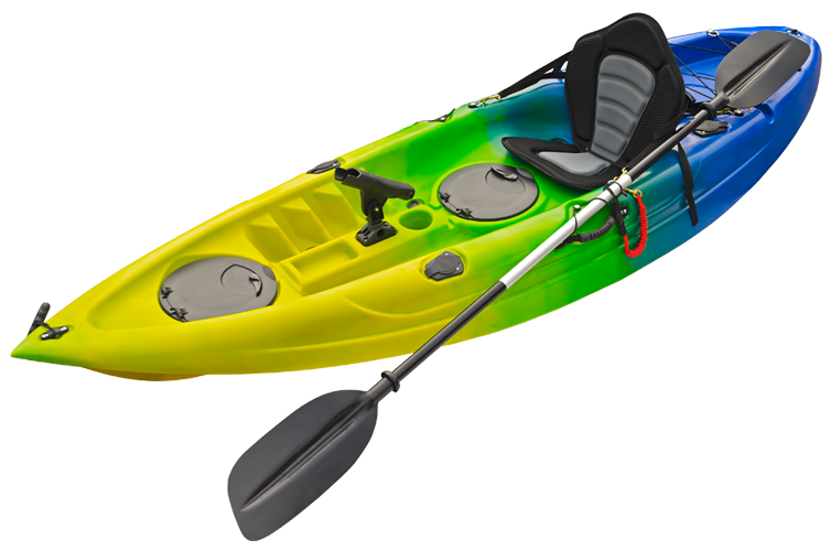 a green and blue kayak with a paddle.