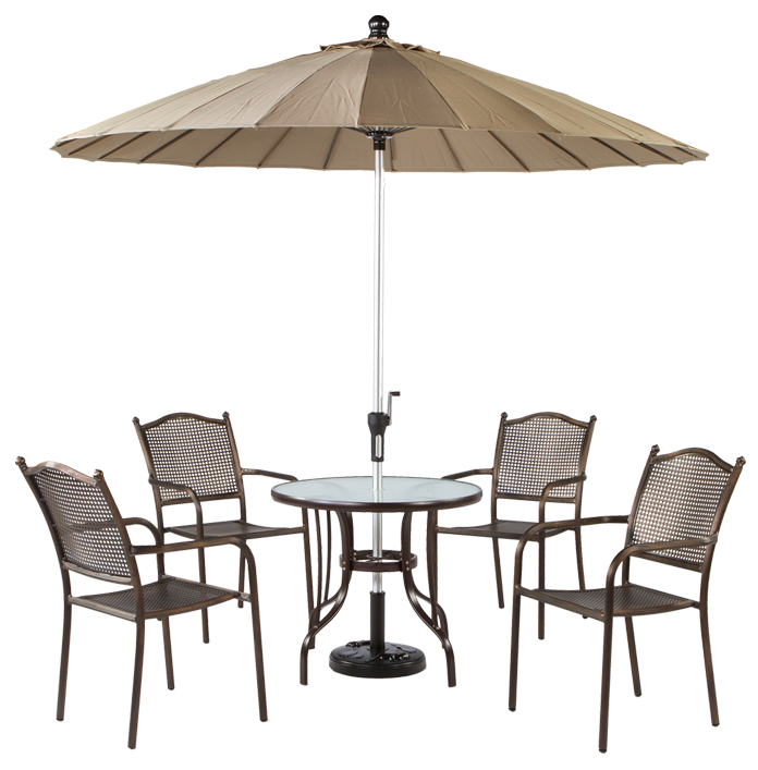 a patio table with chairs and an umbrella.