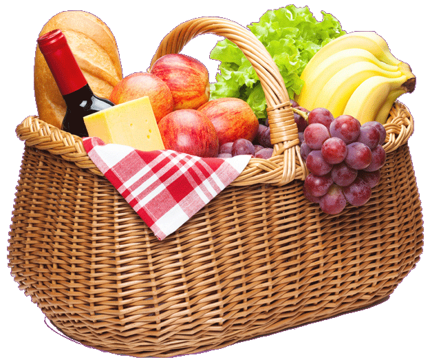 a wicker basket filled with fruit and cheese.