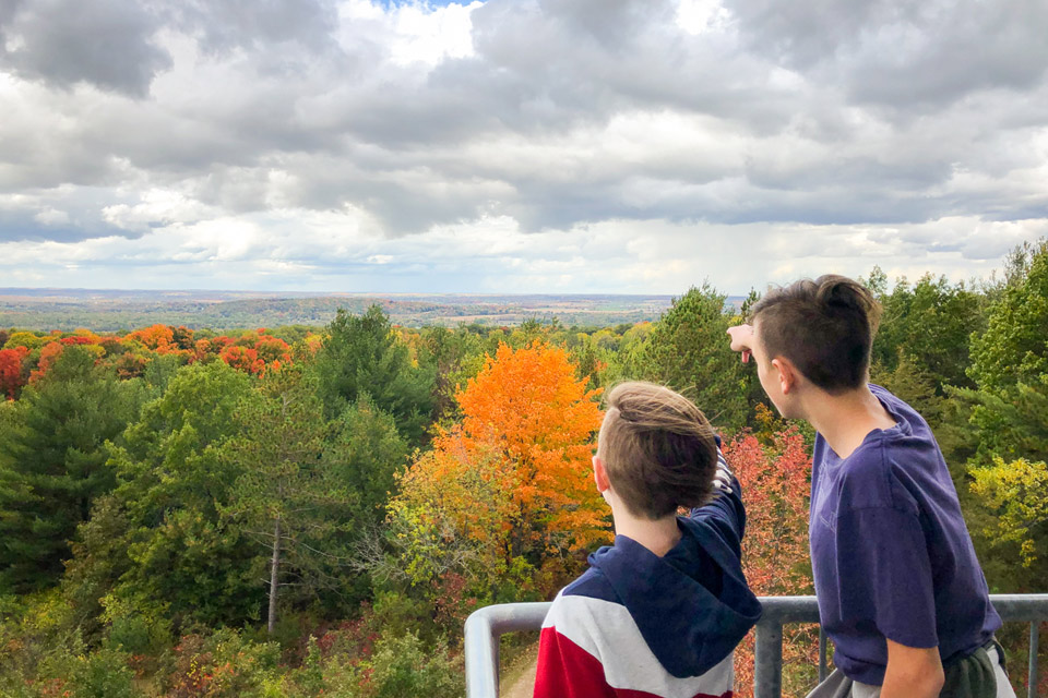 two boys standing on a railing overlooking a forest.