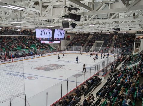 a hockey game is being played in a large arena.