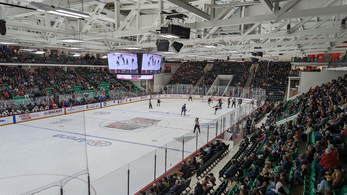 a hockey game is being played in a large arena.