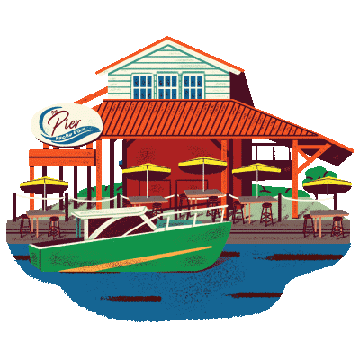 An illustration of a boat docked in front of a restaurant.