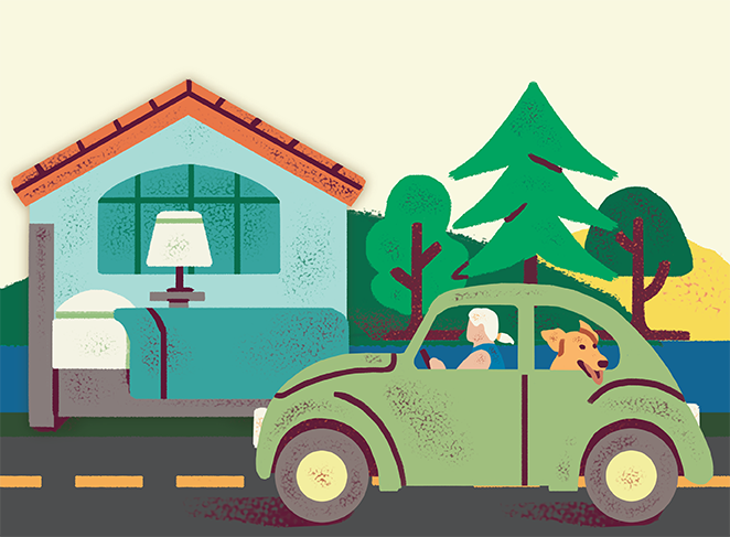 An illustration of a car with a dog and a house.