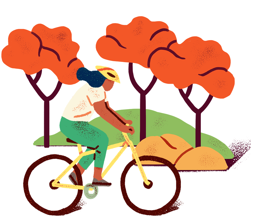 illustration of a woman cycling with fall trees in the background