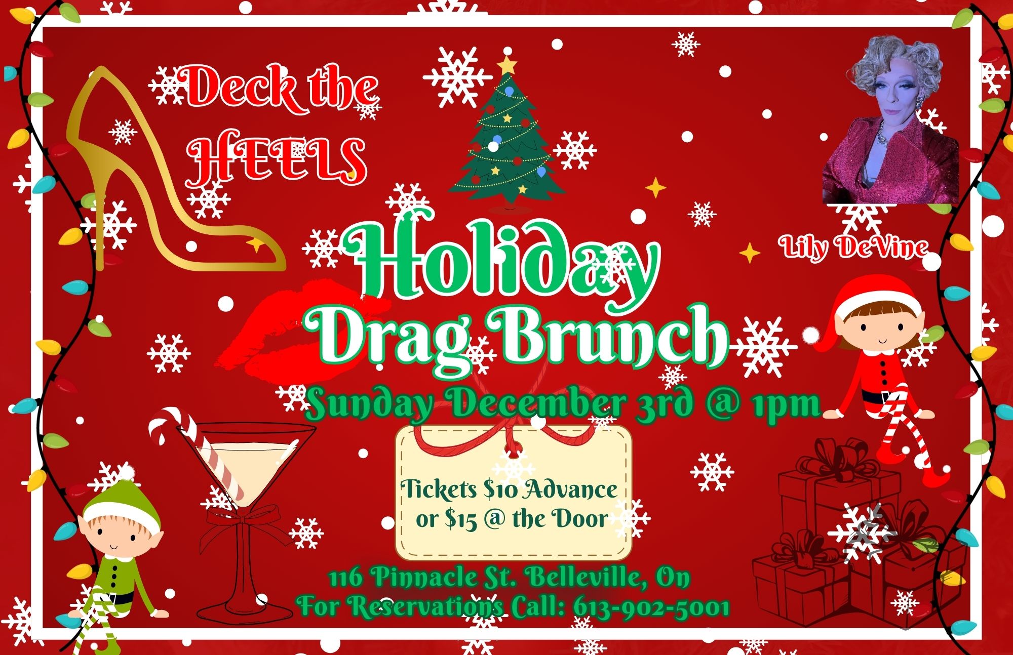 Holiday themed event poster with same details highlighted in our event description. Has image of performer, christmas tree and holiday gnome.
