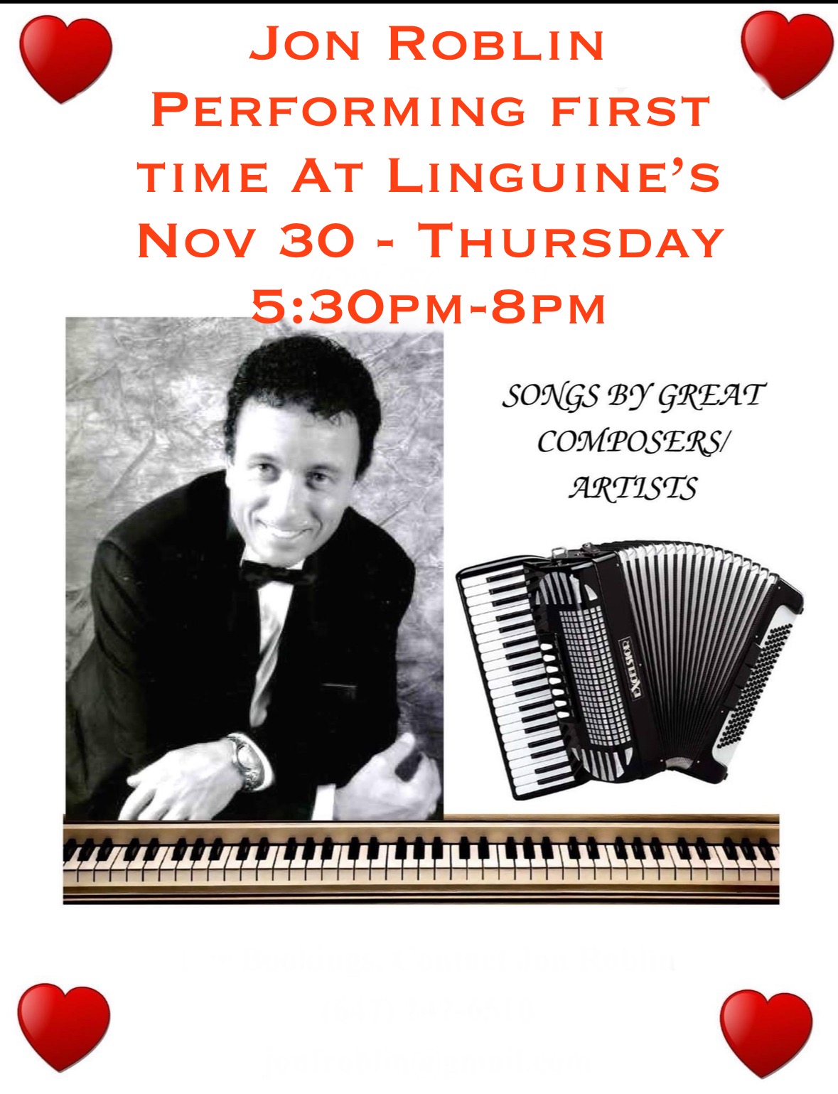 Poster that says Jon Roblin performing first time at Linguine's, black and white photo of man next to accordian