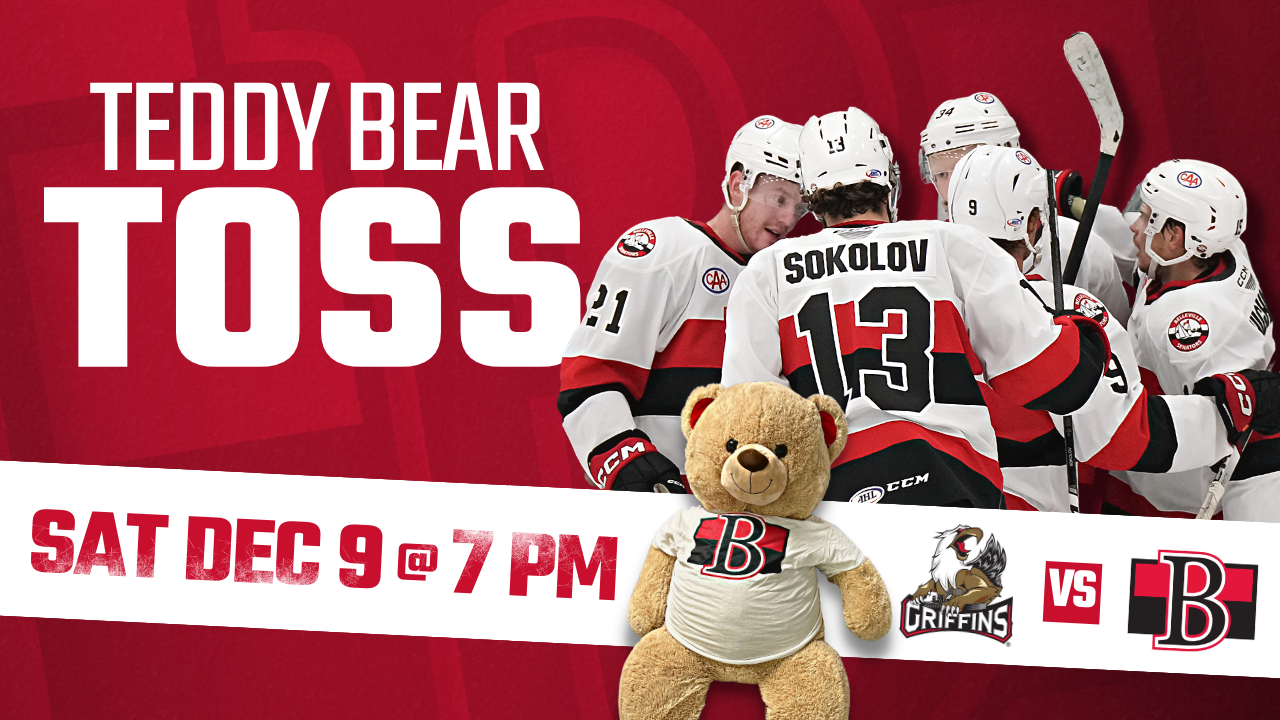 photo of 5 Belleville Sens hockey players with event details and a teddy bear wearing a Belleville Sens shirt.