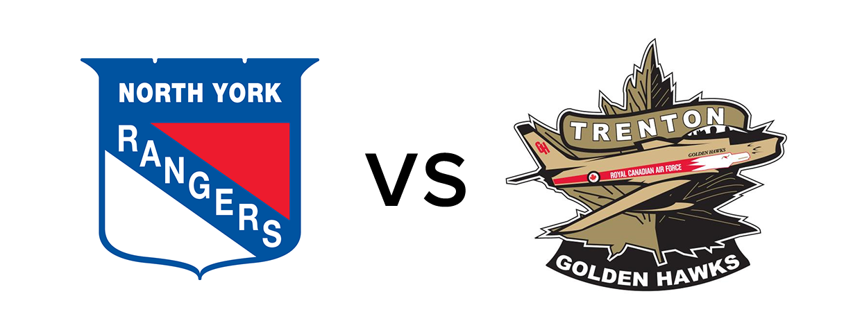 Both teams logos featured. North York's is a blue, red and white crest and the Golden Hawk's a vintage golden fighter plane.