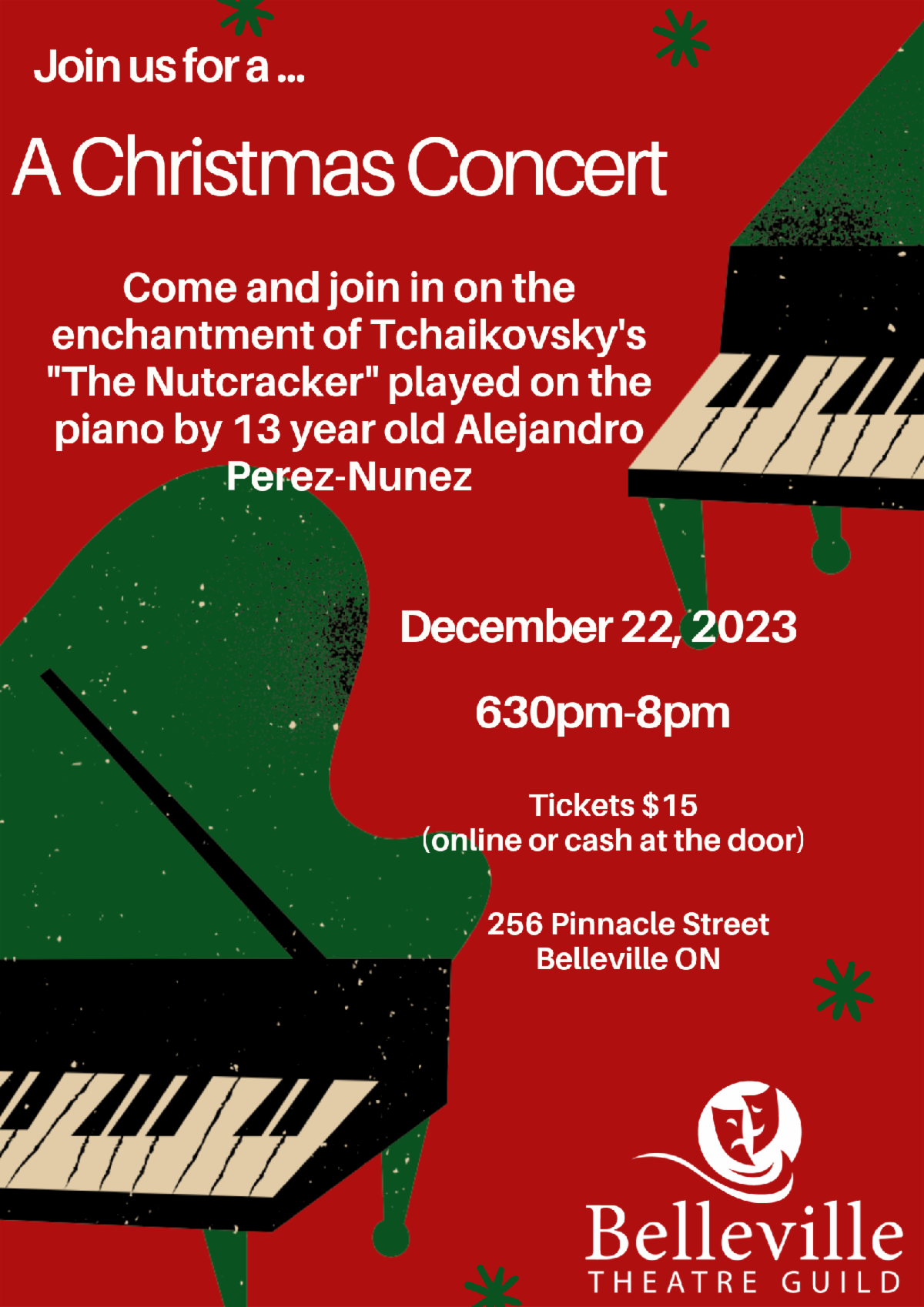 Christmas themed poster in green and red. Features illustrations of pianos and same details highlighted in our event post.
