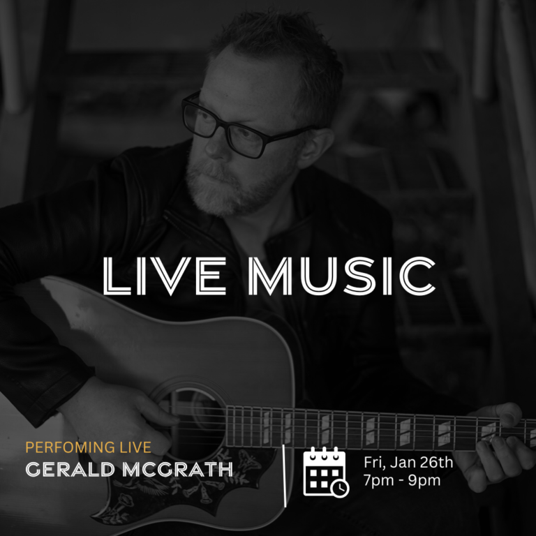 concert poster with Gerald McGrath pictured holding a guitar. Reads "live music"