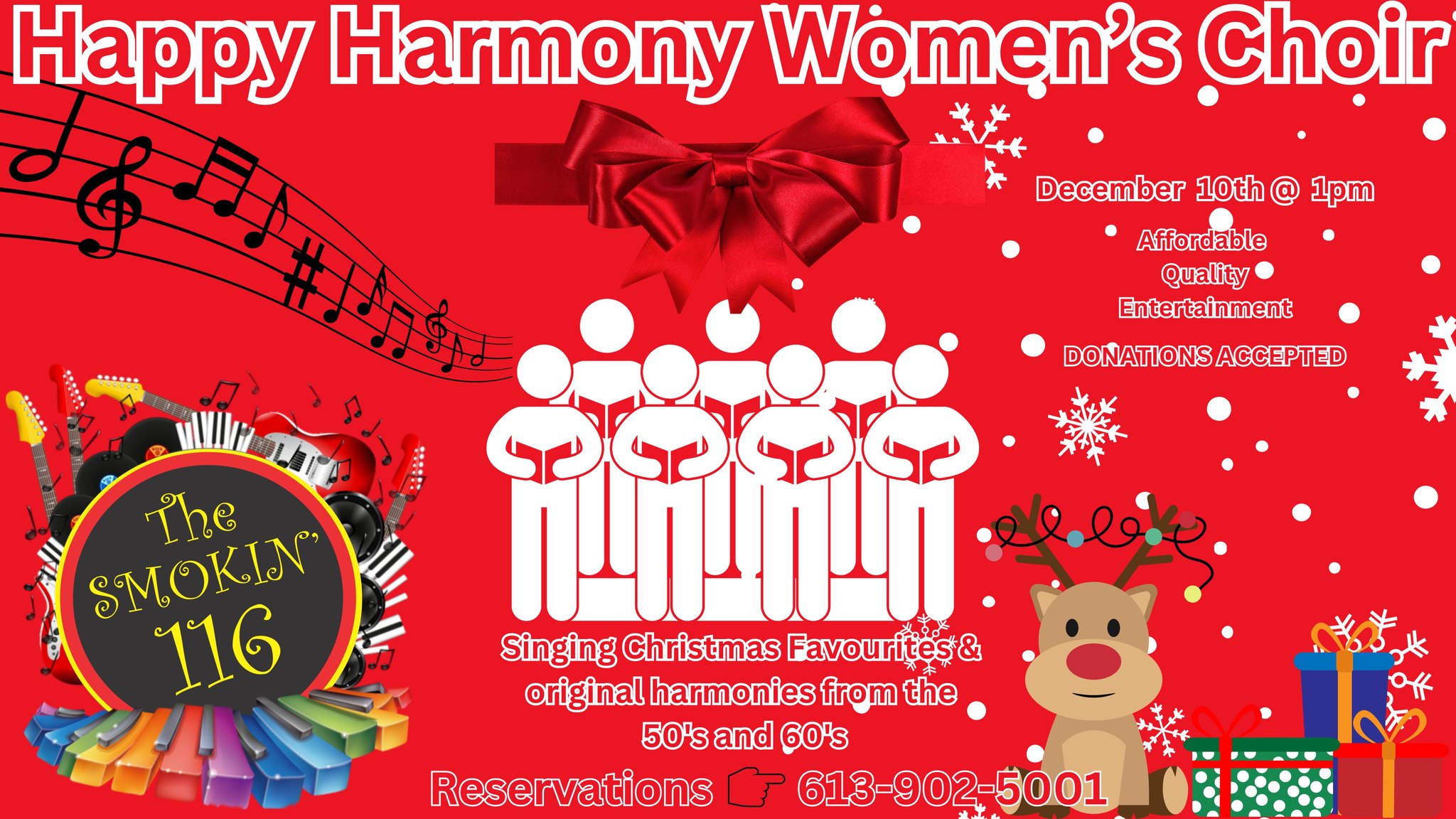 Christmas themed poster of event with graphics of music notes, reindeer, choir and a bow.