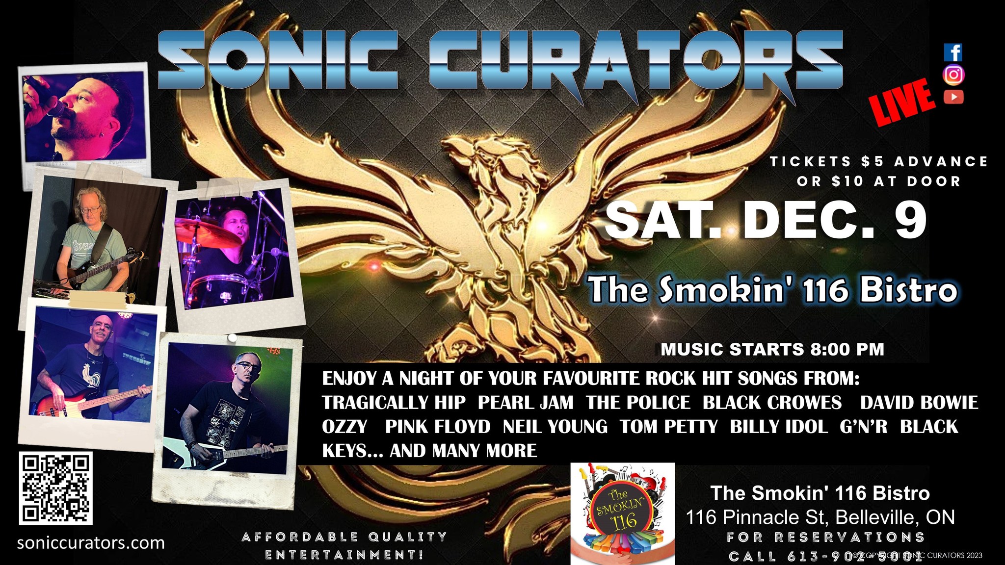 poster of the event with band member photos, a golden eagle and details of the event.
