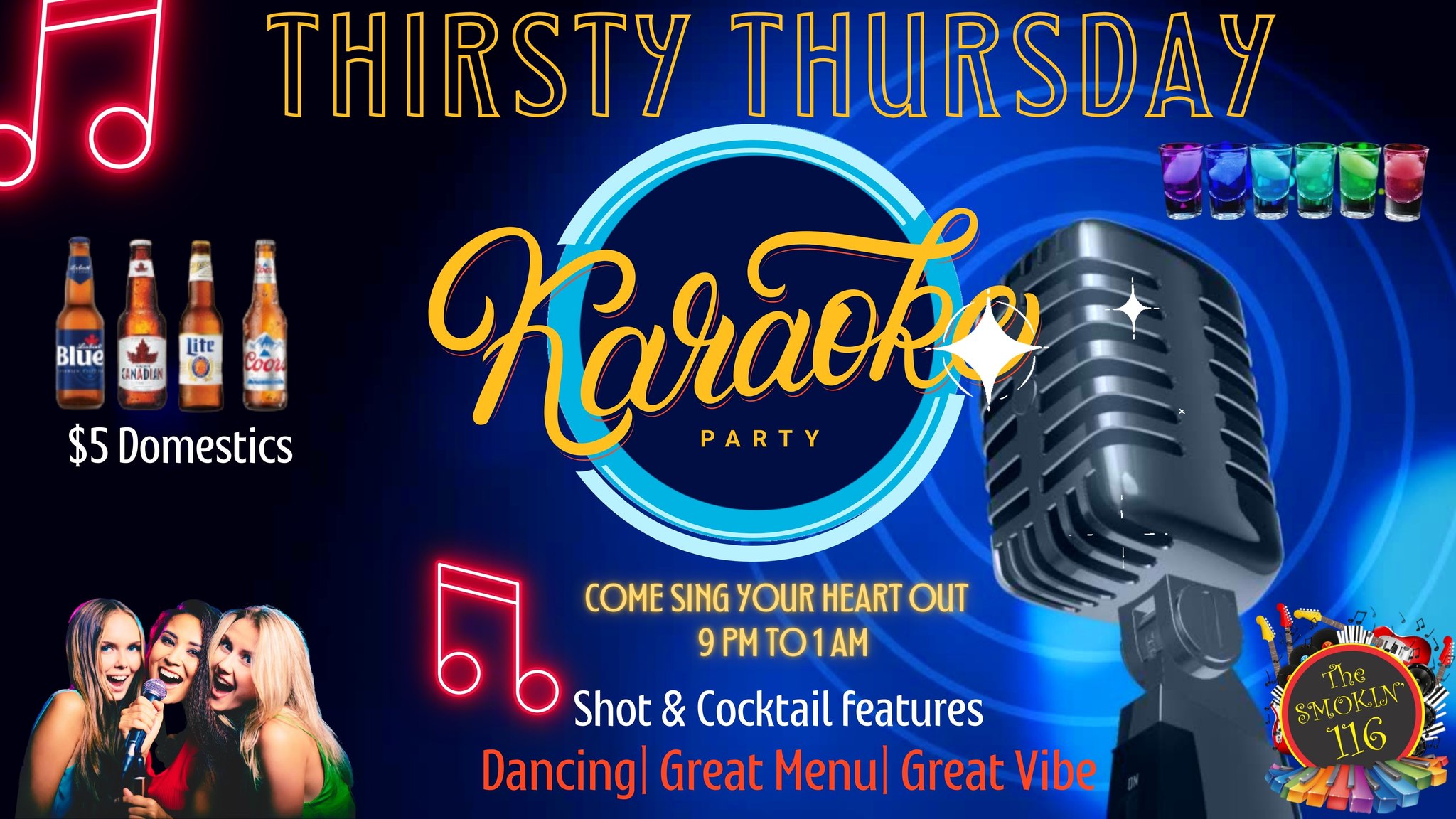 Poster with microphone and group of young people on it. Reads "Thirsty Thursday Karaoke Night"