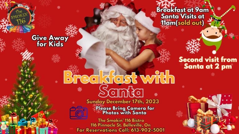 Christmas themed event poster featuring picture of santa, christmas tree, and gifts. Also, has details of event.