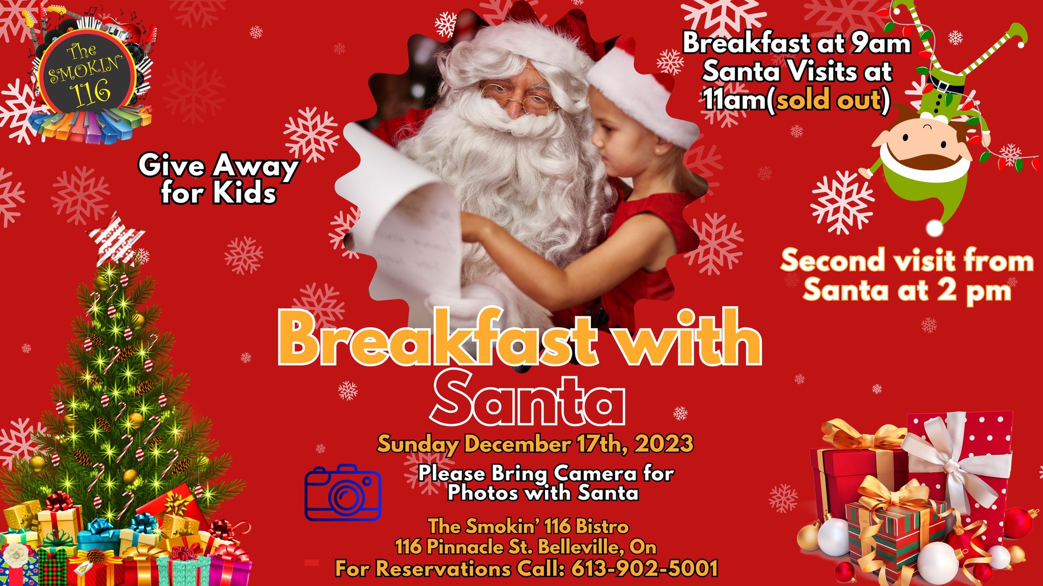 Christmas themed event poster featuring picture of santa, christmas tree, and gifts. Also, has details of event.