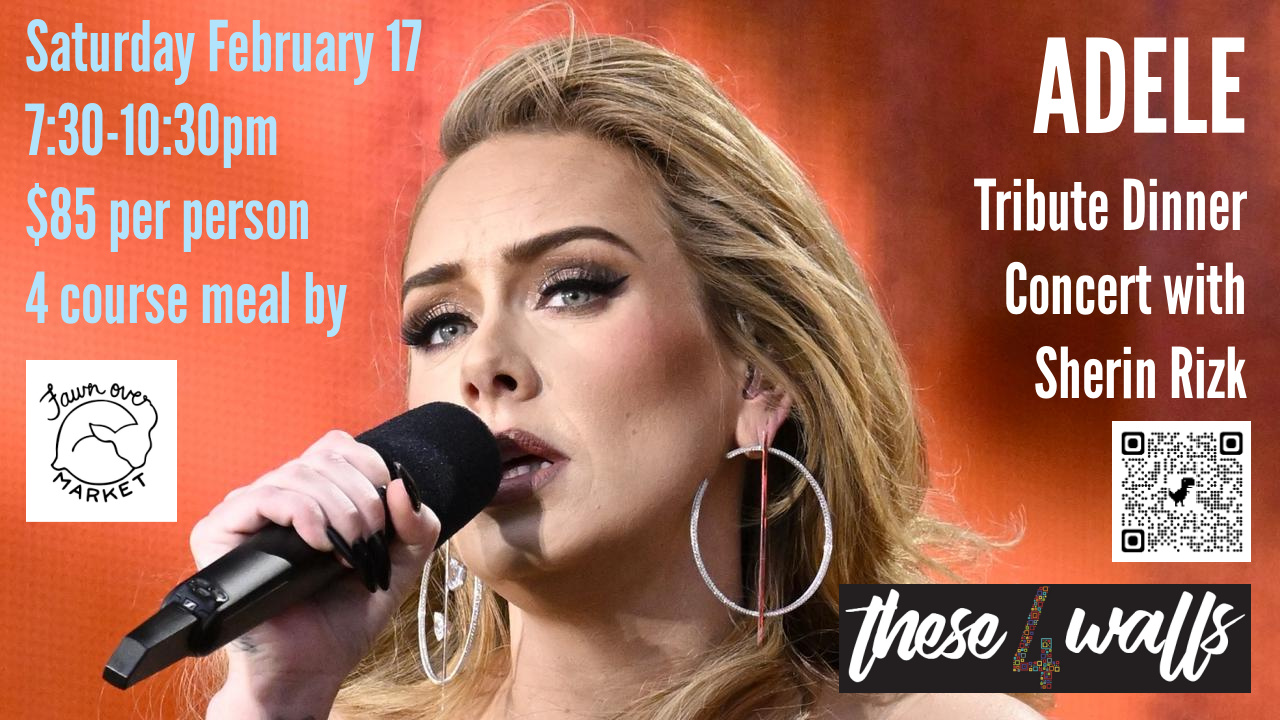 poster for event featuring image of Adele singing and event details.