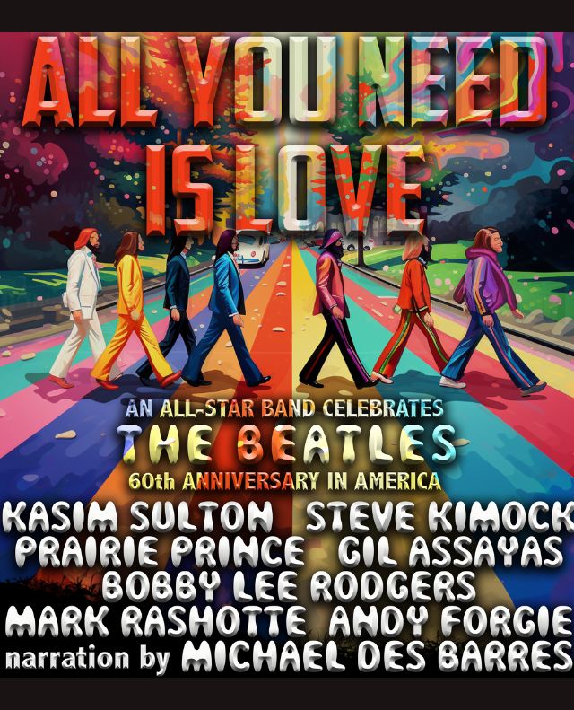 Colourful poster with a hippy styled interpretation of the Beatle's Abbey Road scene. Also, has names of band members on it.