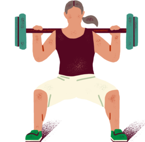 illustrated icon of a person doing a squat with a barbell on their shoulders