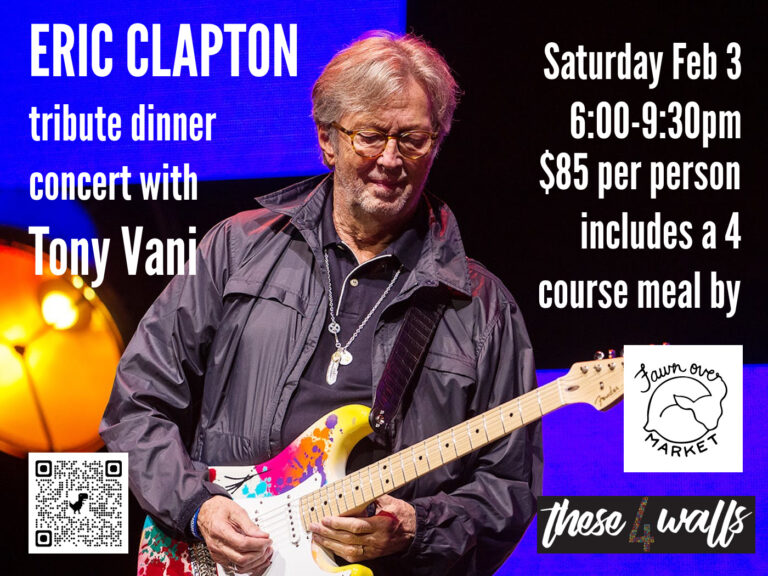 poster featuring picture of Eric Clapton playing electric guitar with event details.