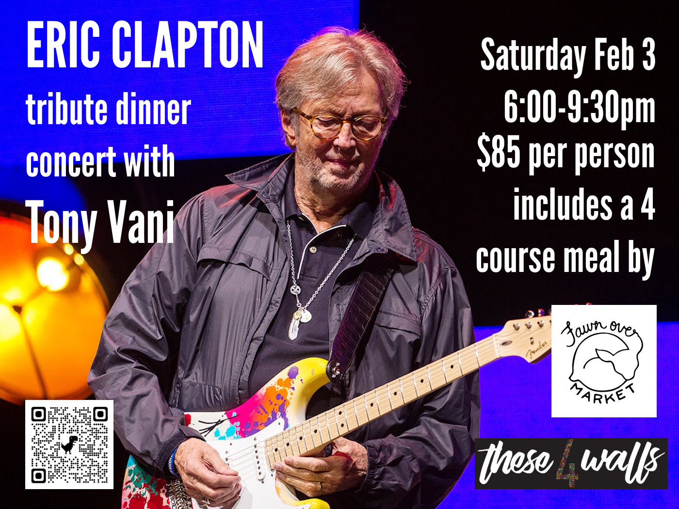 poster featuring picture of Eric Clapton playing electric guitar with event details.