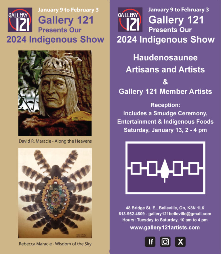 Event poster showing examples of indigenous art and event details. Images include a wooden carving, a turtle with feathers and the Haudenosaunee flag.