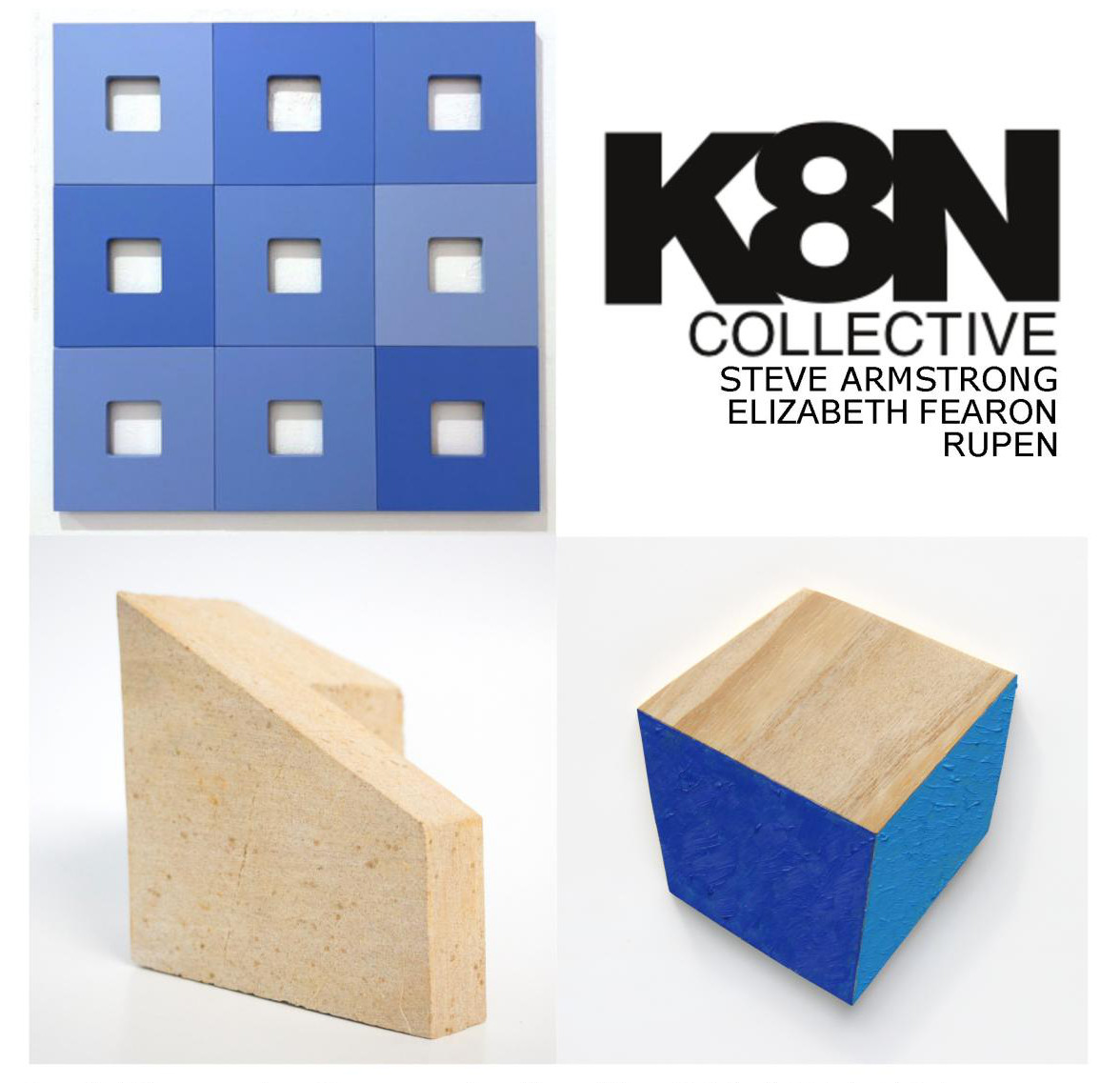 Image showing blue and wooden sculptures and K8N logo.