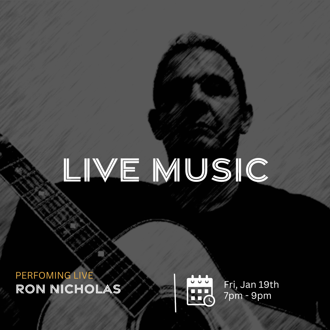 Event poster with black and white picture of man holding a guitar. It reads "Live Music"