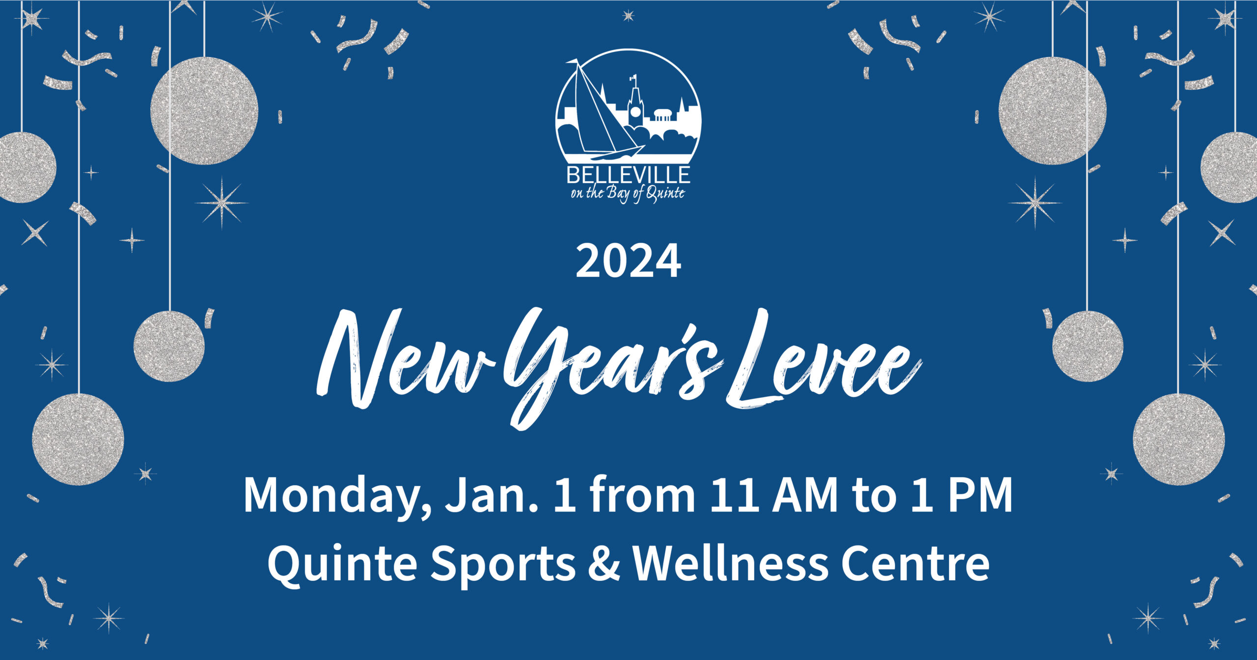Blue and grey poster reading New Year's Levee. Features town logo as well.