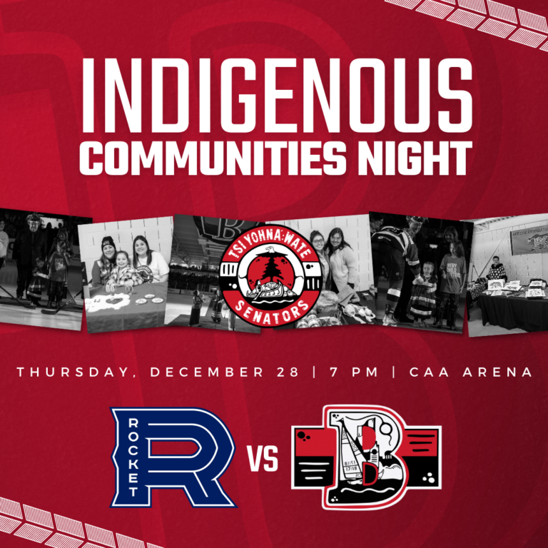 Poster reading indigenous communities night with red background. Also has team logos and images of community scenes