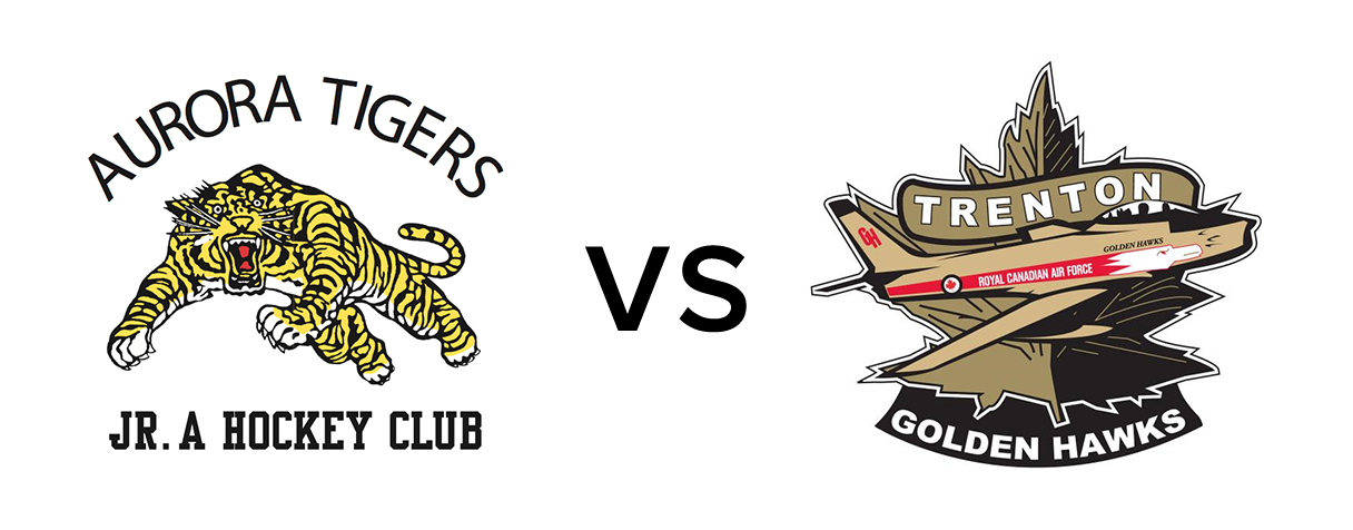 Two team logos pictured with VS in between. Aurora's is a Tiger and Trenton's a golden fighter plane.