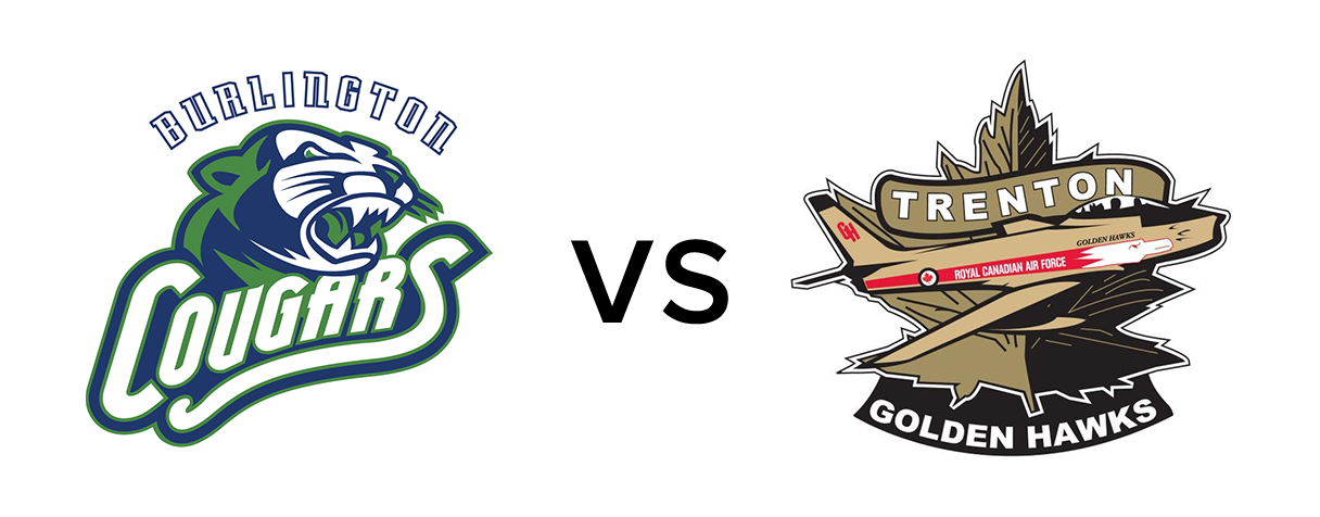 image of both teams' logos with VS in between. Burlington's a blue and green animated cougar and Trenton's a animated retro golden fighter plane.