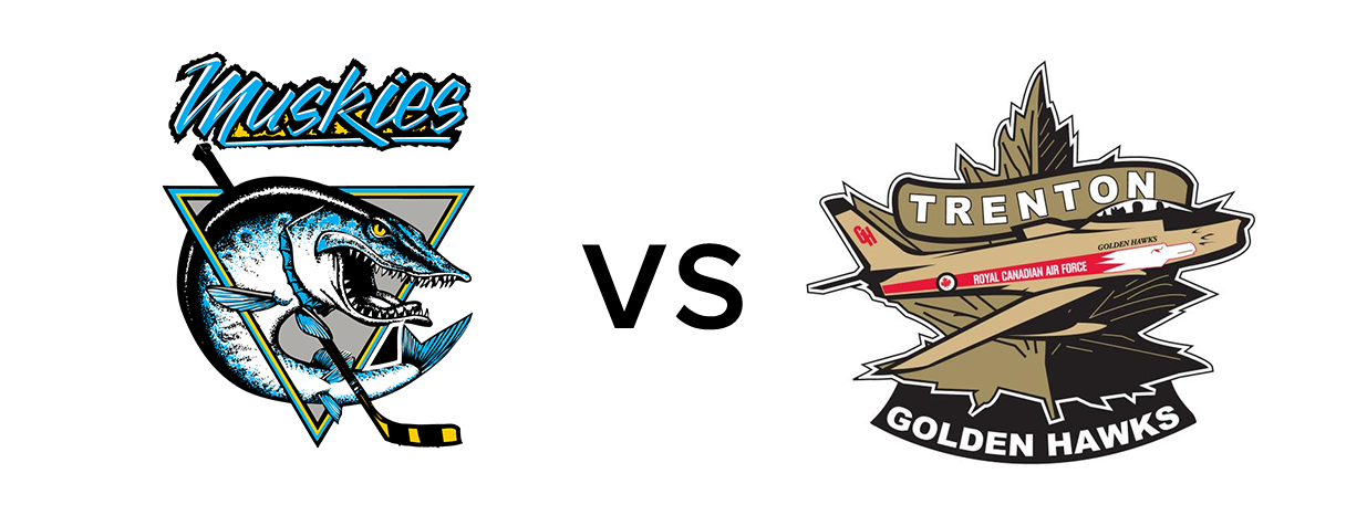 image of both team's logos with a VS in between. Linsday's a blue Muskie with a hockey stick and Trenton's a golden retro fighter plane