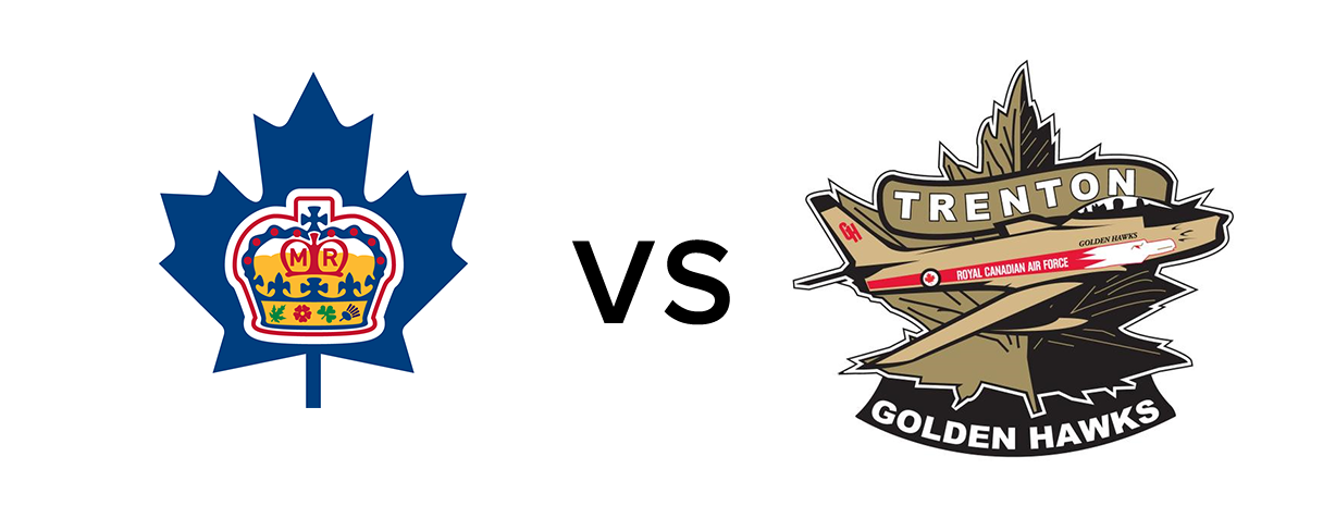image of both team's logos. Markham's a bliue maple leaf with a royal crown in the middle and Trenton's a golden retro fighter plane