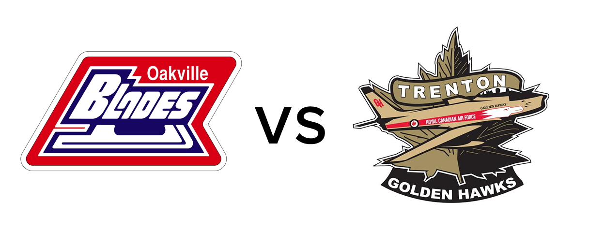 two team logo's pictures with a "VS" in between. Oakville's is a red white and blue hockey skate, Trenton's a retro golden fighter plane.