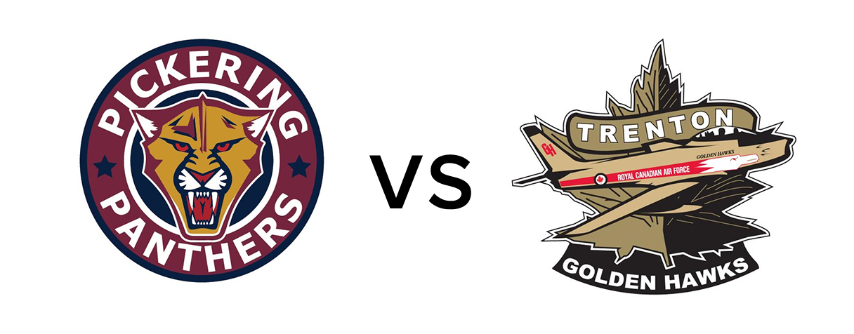 both team logos pictured with 'VS' in between. Pickering's an animated panther and Trenton's an animated golden retro fighter plane