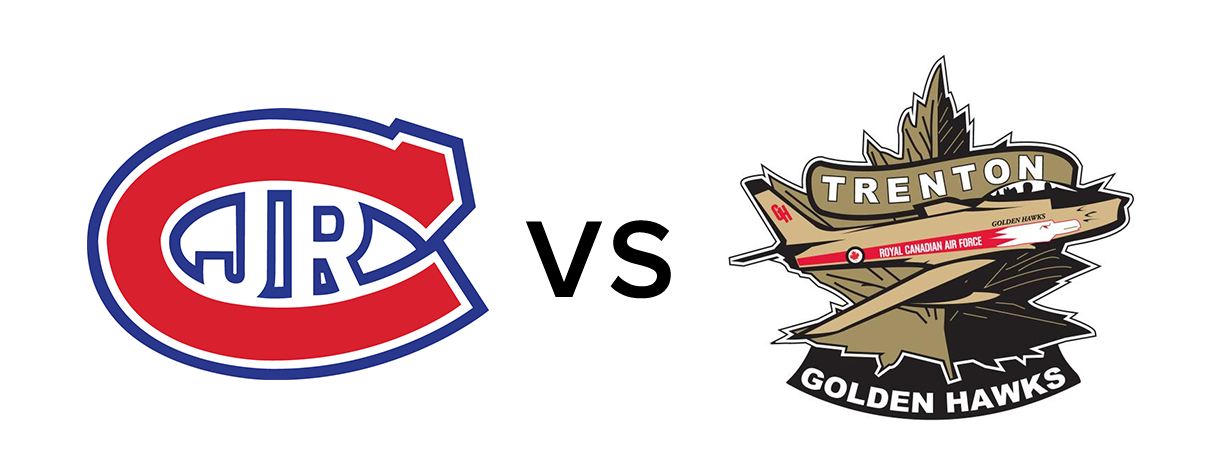 image of both teams logos with VS in between. Toronto's a red, white and blue C with JR in the middle. Trenton's a golden vintage fighter plane.