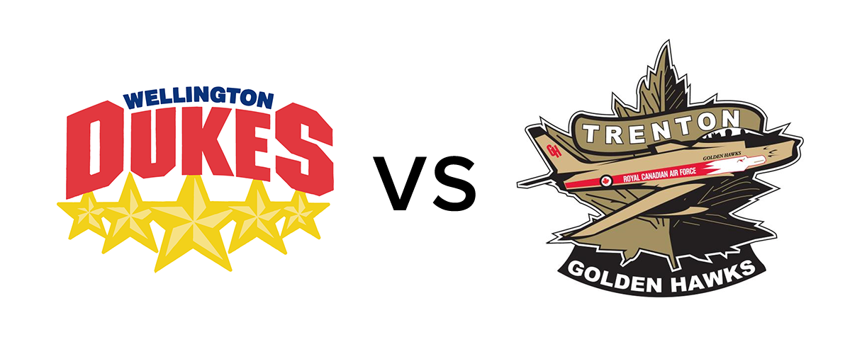 team logos pictured with 'VS' in between. Wellington's showing 'Dukes' with 5 gold stars below and Trenton's a retro golden fighter plane